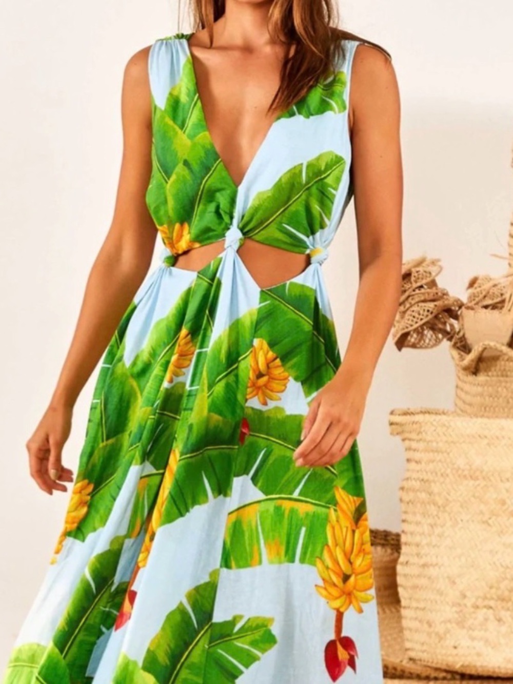 Farm Rio Tropical Banana Leaf Cutout Maxi Dress - Light Blue & Green